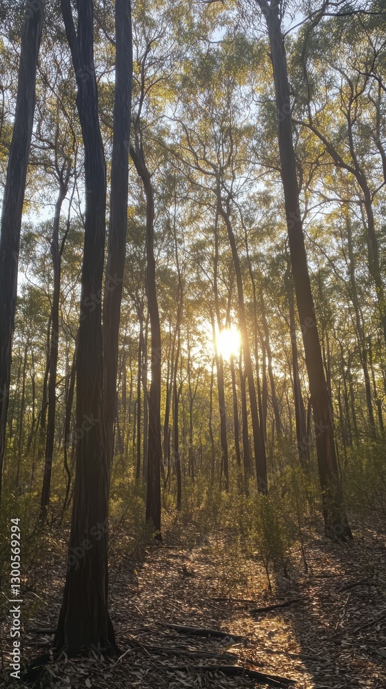 Obraz premium Sunlight Filtering Through Eucalyptus Trees in Serene Forest Setting