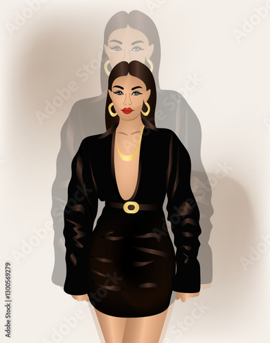 Illustration of fashionable diva girl on light gray background.