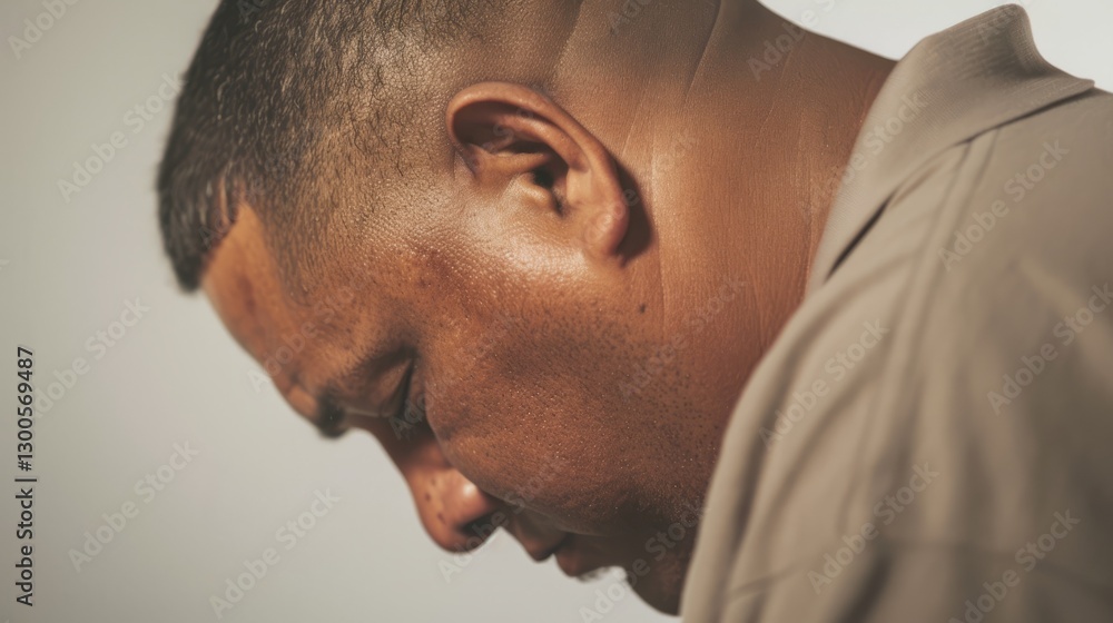 Obraz premium Man with bald head, turned downwards, looking intently at something below him.