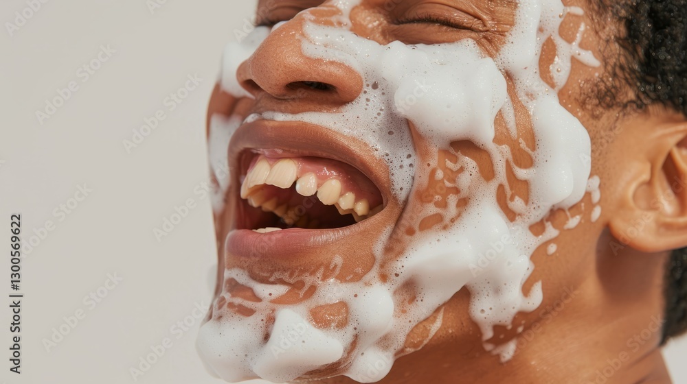 Naklejka premium A young man applying shaving cream to his face, captured in a close-up photograph with white liquid dripping off him.