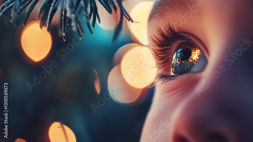 A single gold eyelid glimmers as it peeks from behind a frosted pine branch, surrounded by blurred festive lights, evoking a warm holiday spirit photo