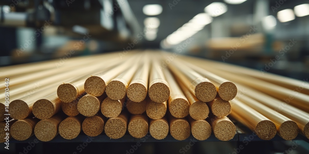 Naklejka premium Production line manufacturing wooden sticks, industrial wood processing in furniture factory