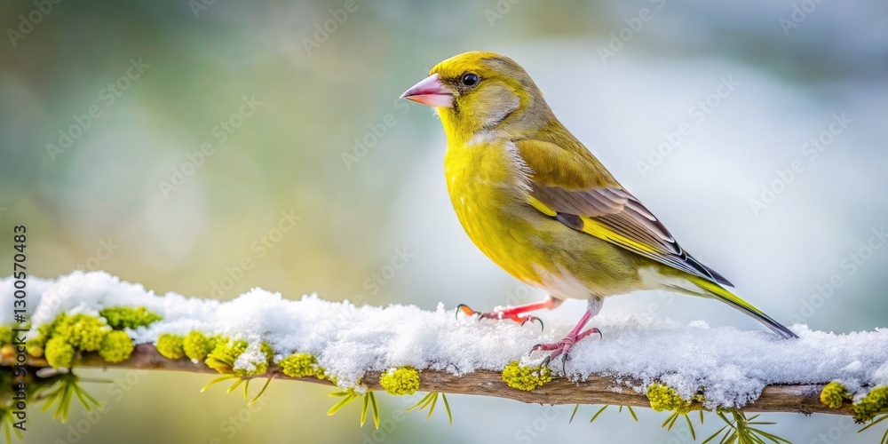 Stunning close-up of a greenfinch perched on a winter branch. Stunning close-up of a greenfinch perched on a winter branch.
