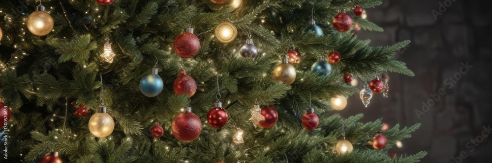 Fototapeta premium Decorated evergreen tree with lights and ornaments, evergreen, ornaments