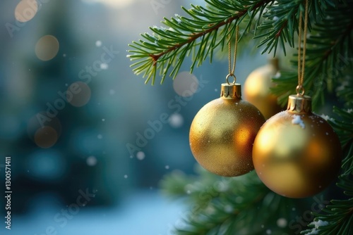 Golden ornaments hanging from a spruce branch, spruce, frosty, sparkling