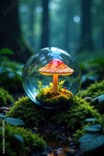 Wallpaper Mural Glass orb containing glowing mushroom amidst ferns and moss, enchanted ambiance, forest, dark surroundings Torontodigital.ca