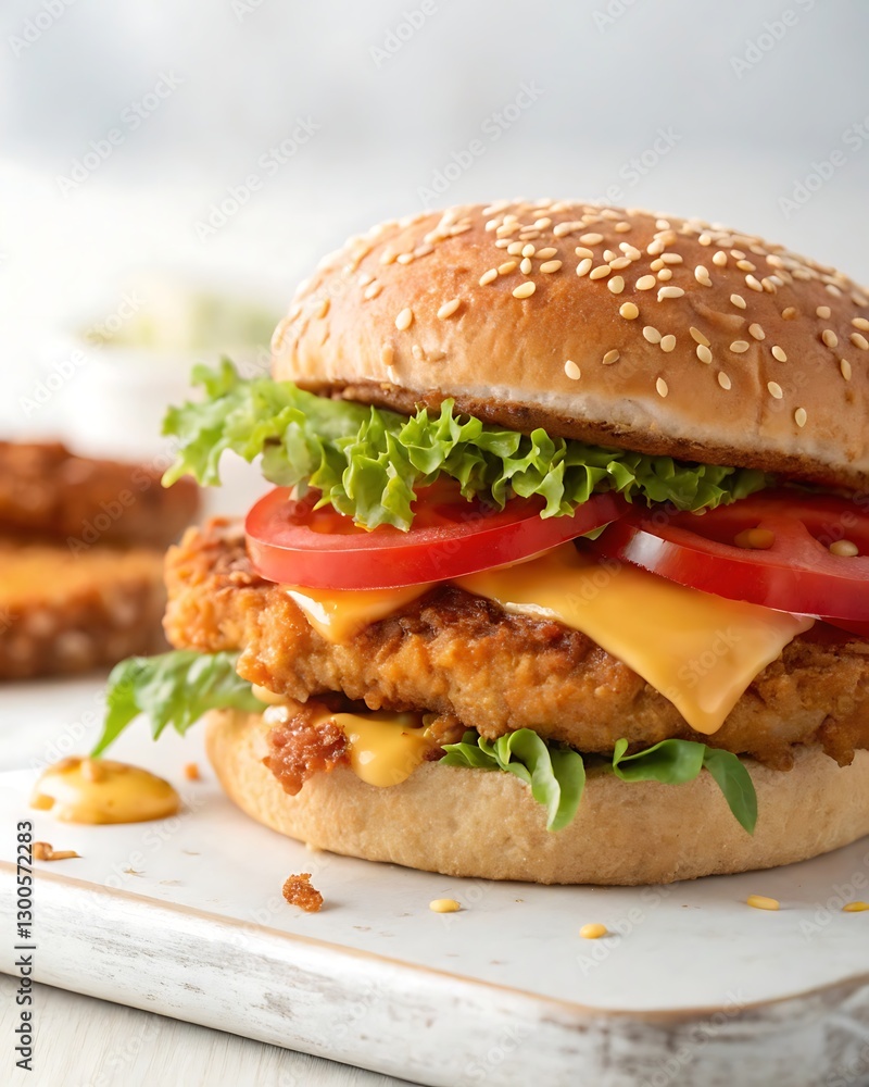 Close up of a delicious chicken burger with cheese, lettuce, and tomato. Close up of a delicious chicken burger with cheese, lettuce, and tomato.