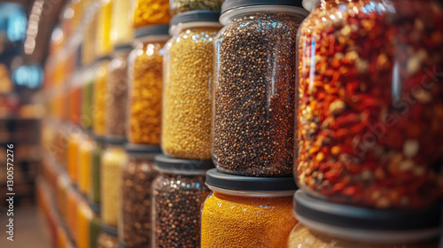 Fototapeta Naklejka Na Ścianę i Meble -  Futuristic AI-driven spice export hub, robotic packaging for international spice trade, holographic displays monitoring shipments in real-time