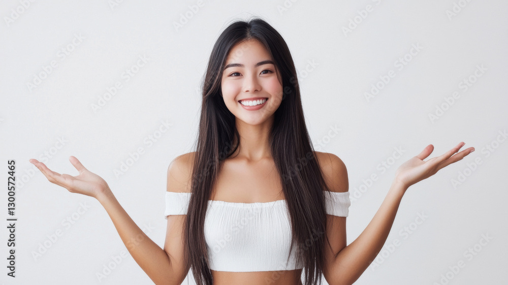 Smiling Asian woman with long straight hair in a white off-shoulder crop top, arms wide open against gray background, expressing joy and welcome Smiling Asian woman with long straight hair in a white off-shoulder crop top, arms wide open against gray background, expressing joy and welcome