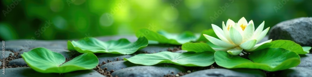 Fototapeta premium Fresh green lotus leaves scattered on a stone surface, leafy, nature, stones