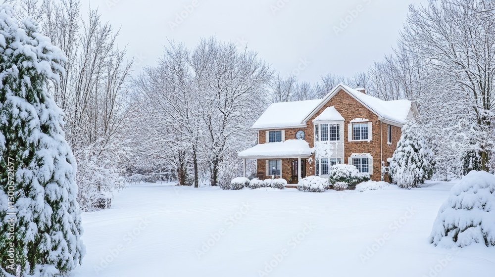Winter wonderland surrounds a cozy brick house covered in snow. Winter wonderland surrounds a cozy brick house covered in snow.