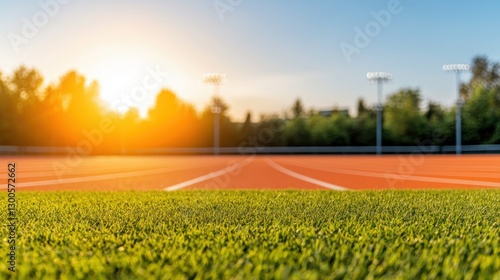 Fototapeta Naklejka Na Ścianę i Meble -  Modern school sports ground design Concept, Brightly Lit School Track and Field Area with a Beautiful Sunset and Lush Green Grass