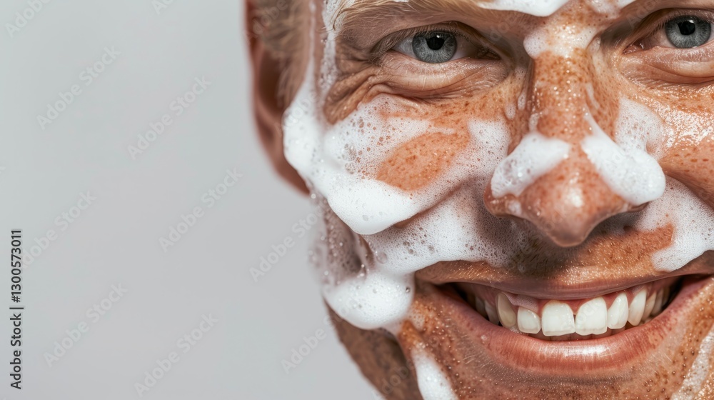 Naklejka premium This is an image of a smiling middle-aged man with a lathered face, presumably from washing his hands or face.