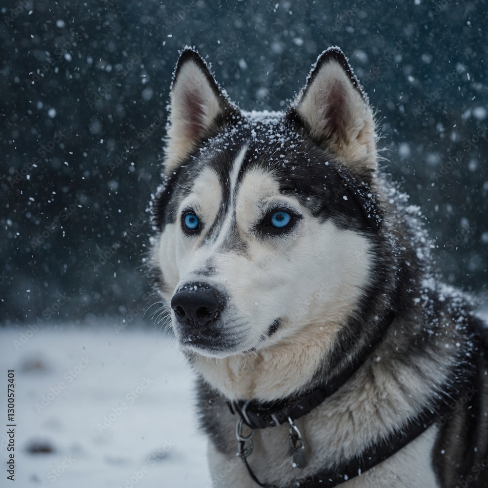 A striking black-and-white Husky with blue eyes sitting stoically in a blizzard, snowflakes swirling around it. A striking black-and-white Husky with blue eyes sitting stoically in a blizzard, snowflakes swirling around it.