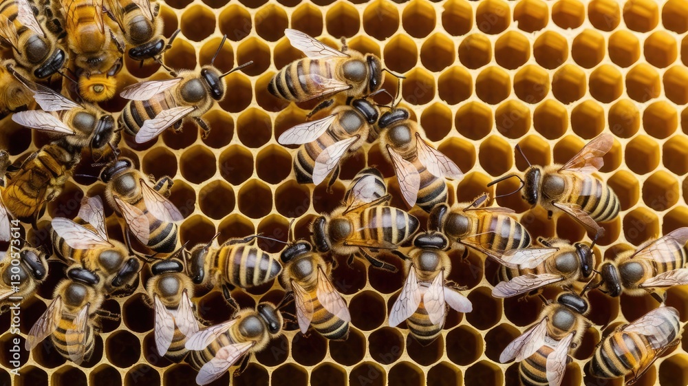 Close-Up of Honeybees on Golden Honeycomb – Detailed View of Bees Working on Hexagonal Cells Filled with Honey, Perfect for Organic Food, Agriculture, and Environmental Themes