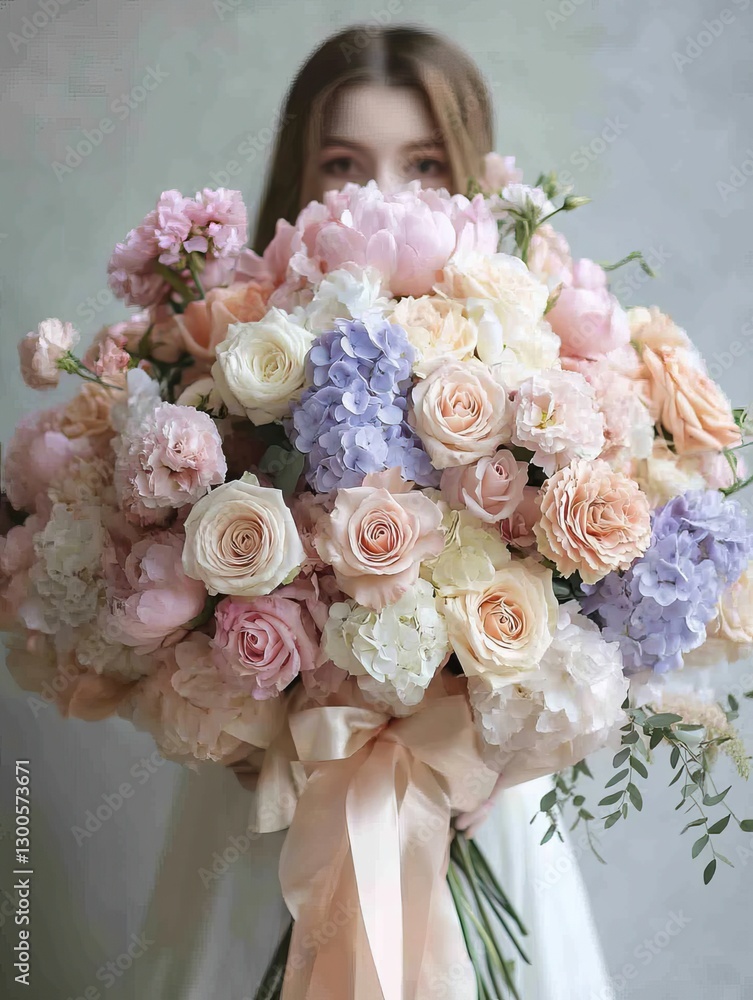 Naklejka premium large bouquet of pastel roses, peonies, and hydrangeas, wrapped in luxurious silk ribbons, held by a woman 