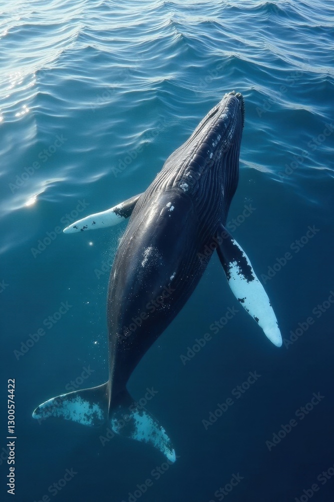 Fototapeta premium Humpback whale's graceful descent, ocean surface ripples , marine biology, aerial view
