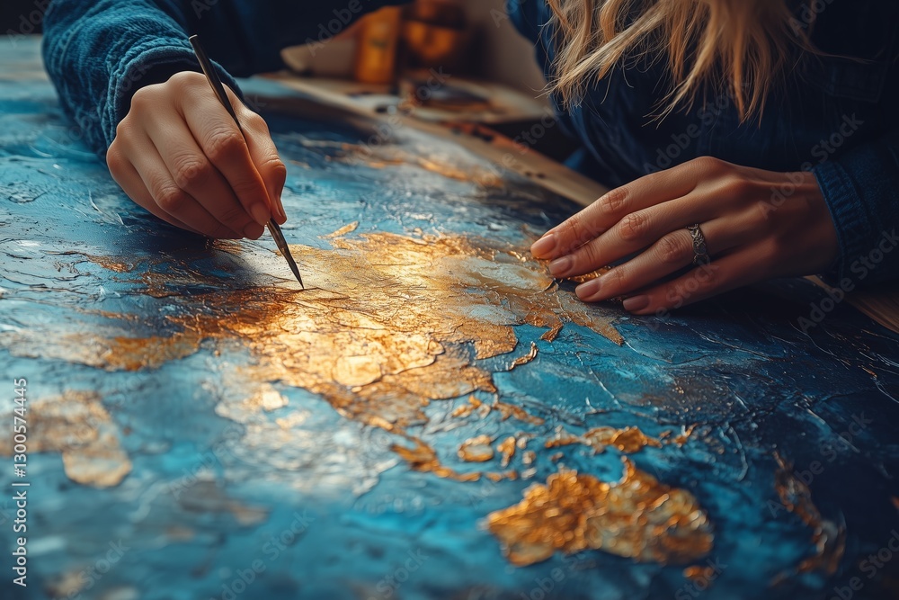 A close-up of an artist’s hands carefully working on a textured painting with gold and blue hues. A close-up of an artist’s hands carefully working on a textured painting with gold and blue hues.
