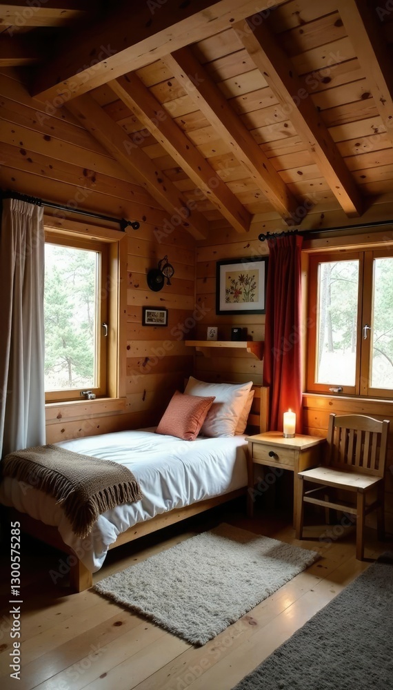 Cozy wood chalet with brown painted wall and wooden beams, pine wood chalet, rustic decor Cozy wood chalet with brown painted wall and wooden beams, pine wood chalet, rustic decor