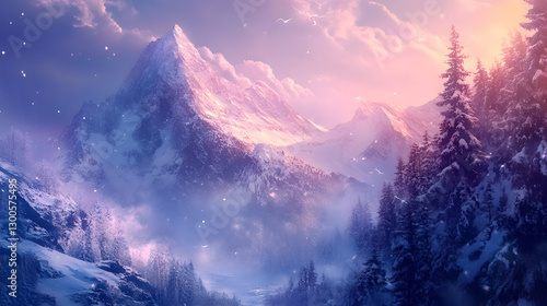 Snow - Capped Mountains and Rosy Glow photo