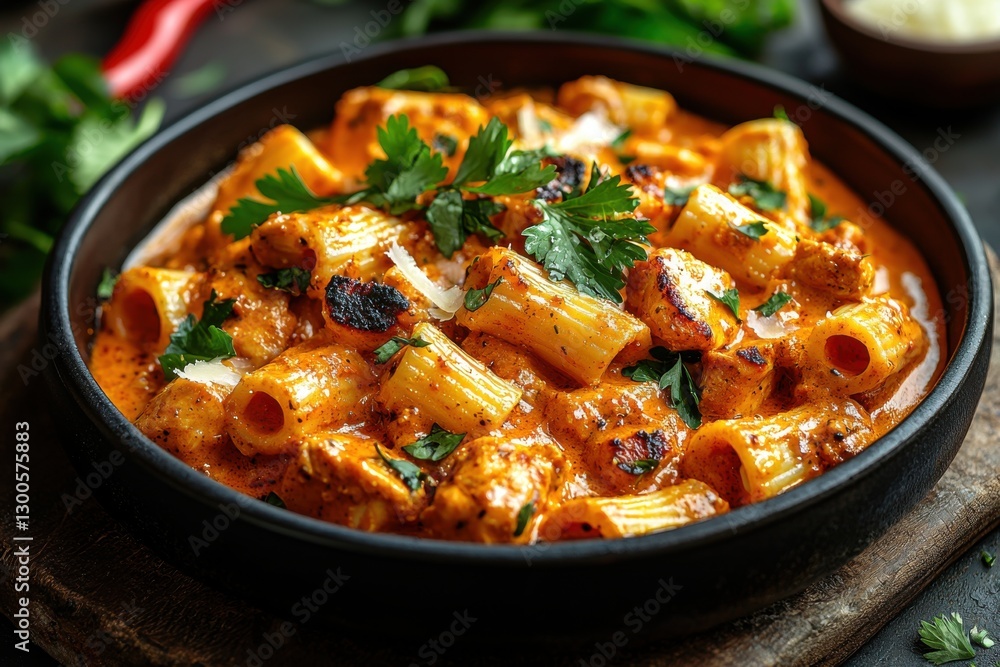 Delicious creamy pasta with chicken and herbs served in a rustic bowl, perfect for a comforting meal at home during the evening Delicious creamy pasta with chicken and herbs served in a rustic bowl, perfect for a comforting meal at home during the evening