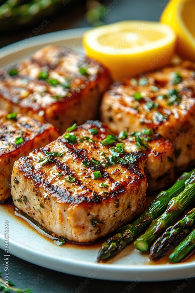 Grilled fish fillets served with asparagus and lemon slices on a white plate during a sunny outdoor lunch Grilled fish fillets served with asparagus and lemon slices on a white plate during a sunny outdoor lunch