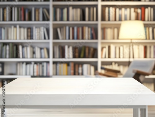Wallpaper Mural Sleek white rectangular wooden table with soft lighting and blurred modern home library background featuring bookshelves and reading chair
 Torontodigital.ca