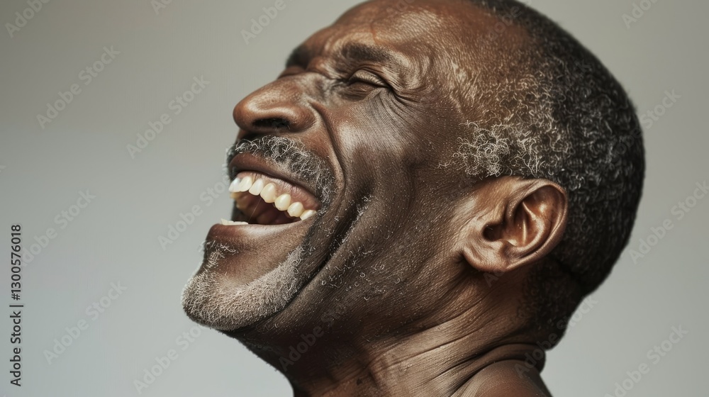 The image shows an older man laughing heartily. The image shows an older man laughing heartily.