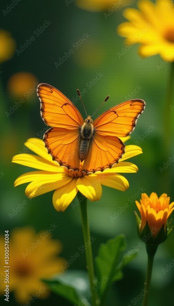 Fototapeta premium Spectacular orange butterfly on sunny yellow flower in lush garden , stock photo, macro, fauna