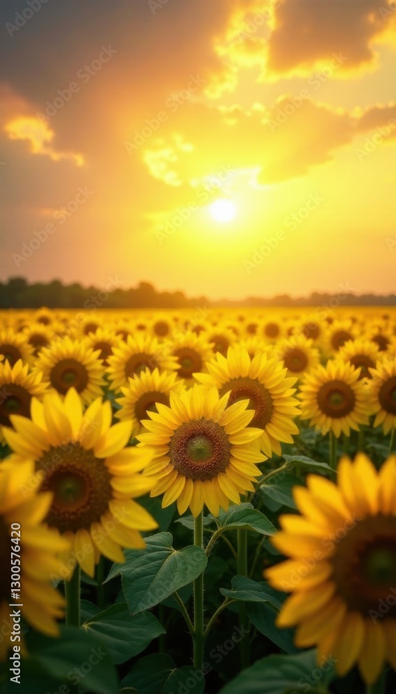 Fototapeta premium Sun-drenched sunflowers, a sea of yellow, stretching to the horizon , field, wide shot
