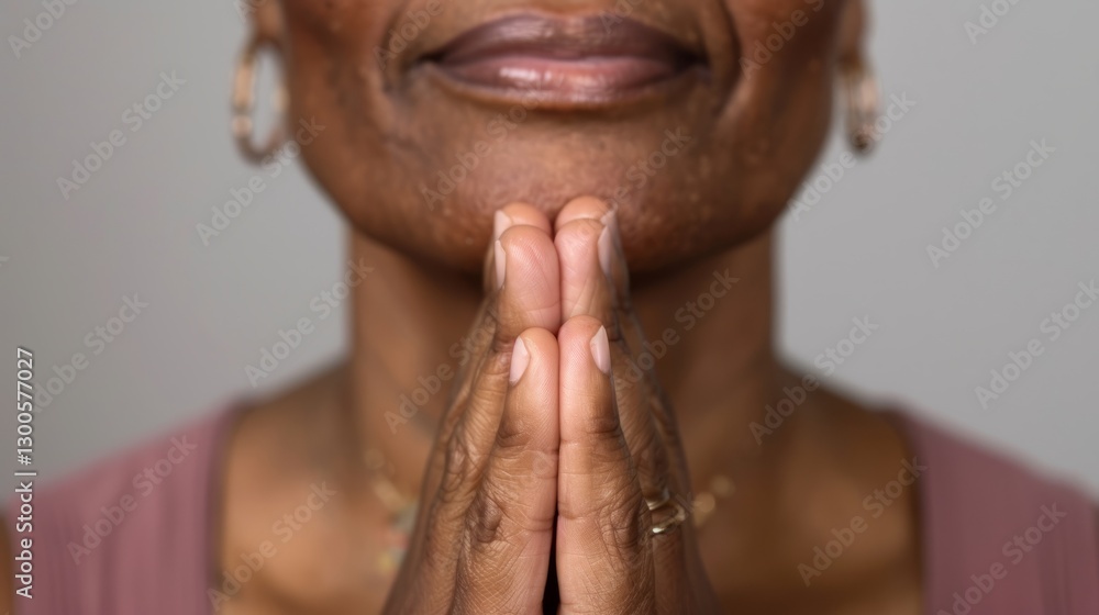 Fototapeta premium Portrait of An Afro retired woman with prayer gesture looking at the camera.