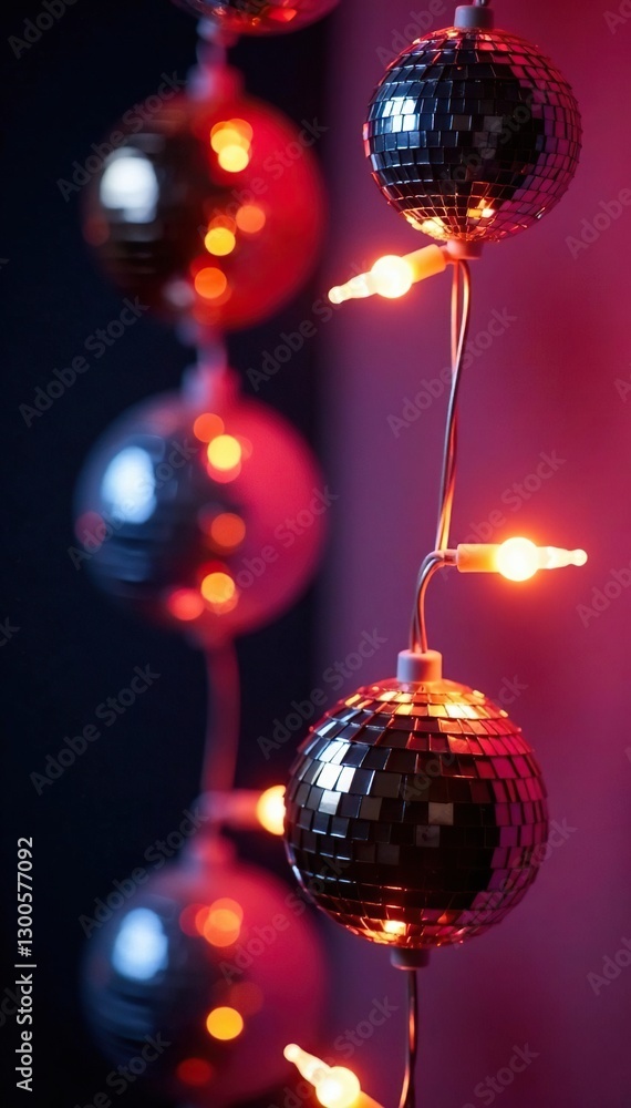 Fototapeta premium Disco balls and fairy lights woven into a decorative garland, disco ball, sparkle, shine