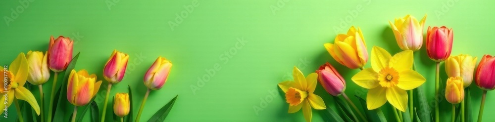 Vibrant tulips & daffodils bloom on fresh green backdrop, delicate, organic Vibrant tulips & daffodils bloom on fresh green backdrop, delicate, organic