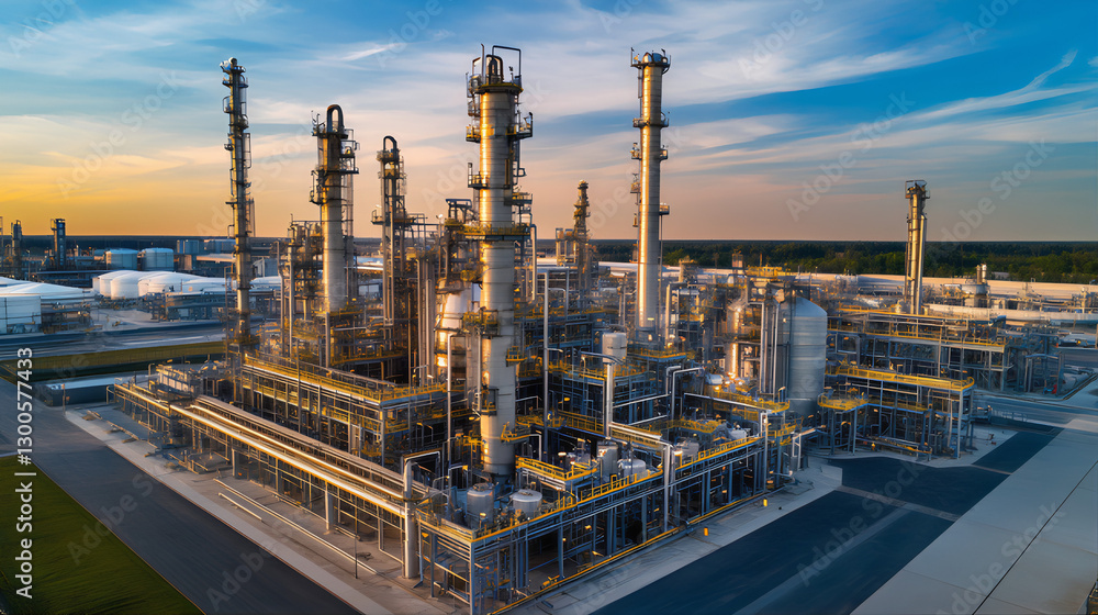 Petrochemical, oil refinery at sunset, twilight. Teamwork chemical refinery plant. unsustainable pipeline industrial aerial view factory skyline Petrochemical, oil refinery at sunset, twilight. Teamwork chemical refinery plant. unsustainable pipeline industrial aerial view factory skyline