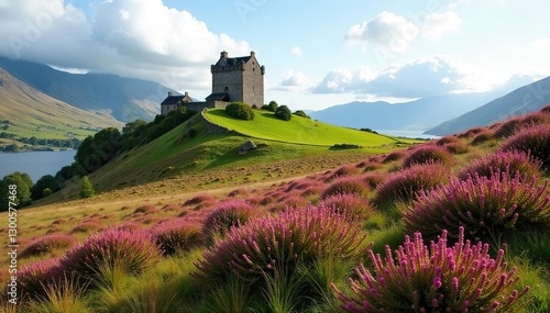 Lush greenery and heather on the hills around Castle Stalker, Wildlife Habitat, Scotland