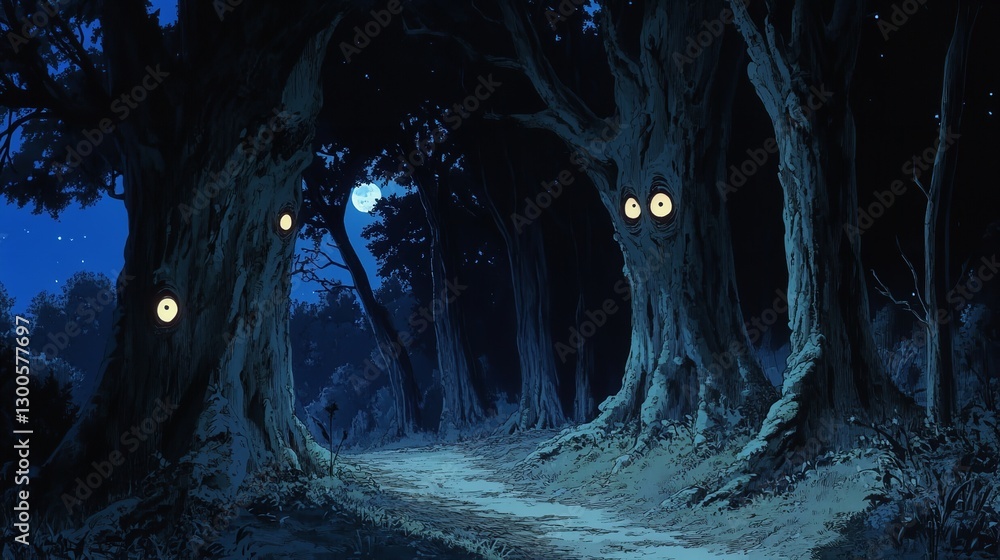 Obraz premium A Lone Figure Walks A Moonlit Path Through An Ancient, Watchful Forest Where Glowing Eyes Peek From The Trees Under A Serene Night Sky