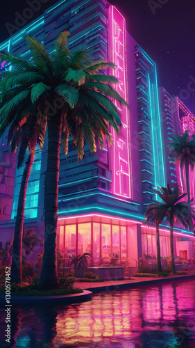 This image shows a building at night, bathed in vibrant neon lights of pink and cyan.