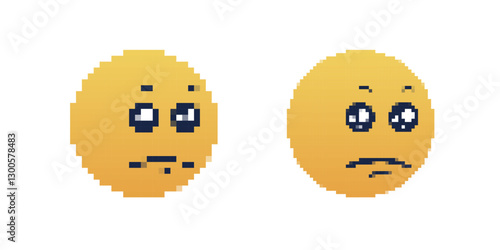 Two pixelated emoji faces with a disappointed look, featuring drooping eyebrows and frowning mouths in a retro style