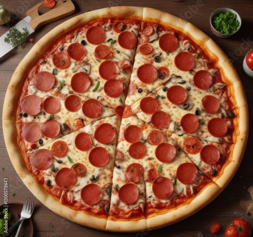 A large, round pizza on a table with multiple slices cut out for family members to grab and go,  food on the table,  slice of pizza in hand,  family snack time