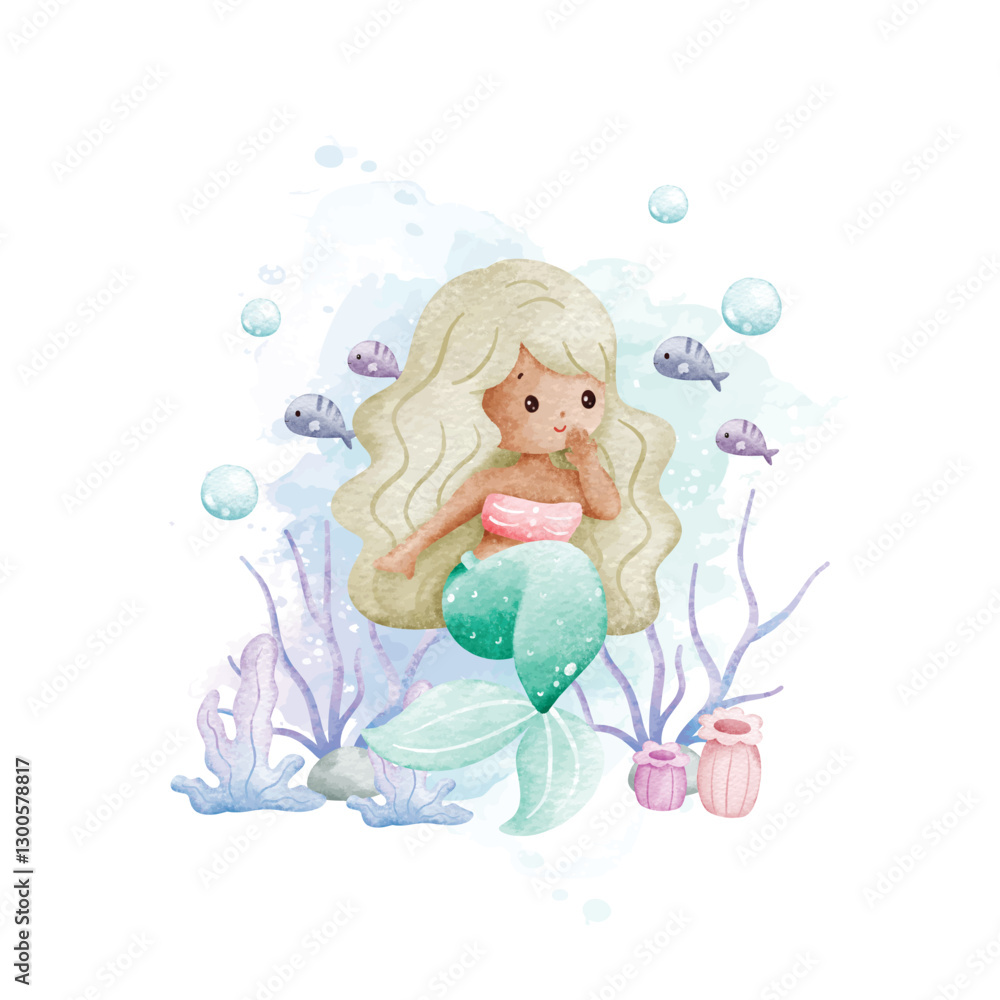 Watercolor Illustration Cute Mermaid and Fishes Watercolor Illustration Cute Mermaid and Fishes