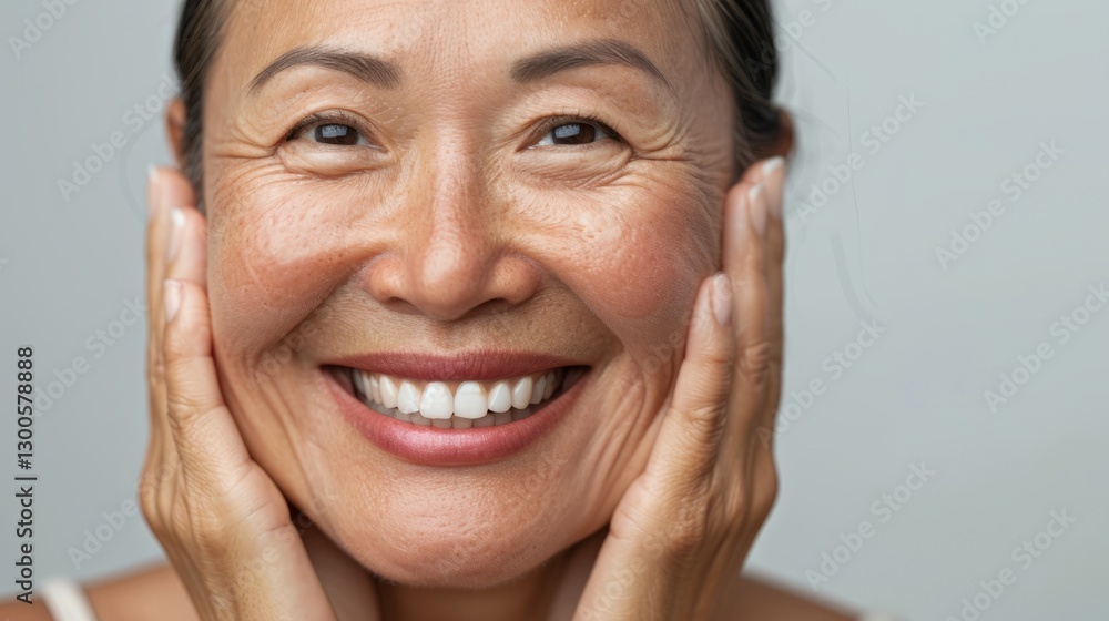 A smiling woman, likely of Asian descent, with light skin, appears serene and content, showcasing her facial features and skin care product application with visible results on her face. A smiling woman, likely of Asian descent, with light skin, appears serene and content, showcasing her facial features and skin care product application with visible results on her face.