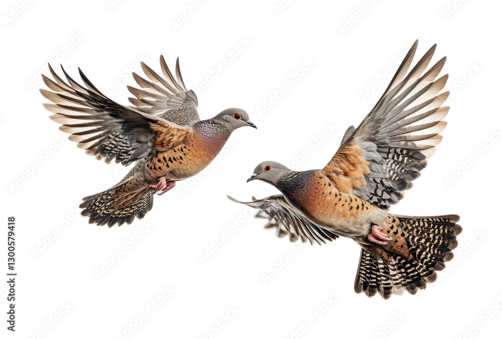 Fototapeta premium Colorful pigeons in mid-flight showcasing grace and beauty above a tranquil landscape during the golden hour, cut out