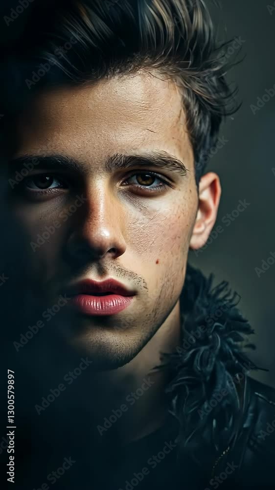 Young man's intense gaze captured in low light with a dark, textured background conveying deep emotions and mood Young man's intense gaze captured in low light with a dark, textured background conveying deep emotions and mood