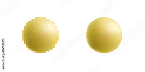 Two golden spheres with a shiny surface display a smooth texture. bright light enhances their gloss.