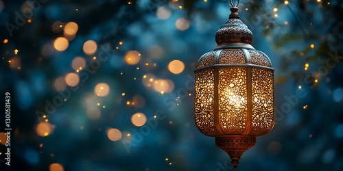 Glowing Lantern Against Dreamy Blue Background with Golden Bokeh