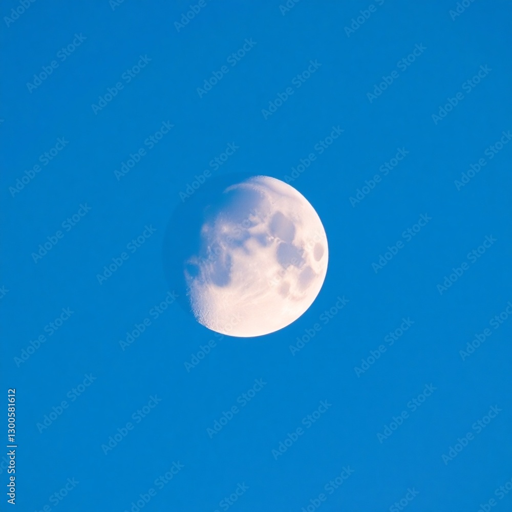 High-resolution stock photo Close-up view of a waxing crescent moon in a twilight blue sky, showcasing the subtle craters and shadows on its surface. High-quality image for commercial use High-resolution stock photo Close-up view of a waxing crescent moon in a twilight blue sky, showcasing the subtle craters and shadows on its surface. High-quality image for commercial use