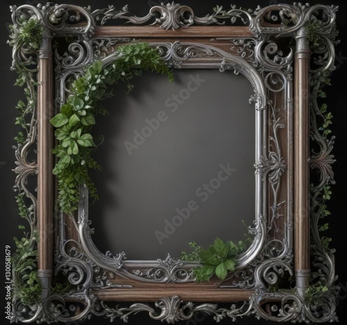Elegant silver scroll element intertwined with lush greenery and vines within a ornate wooden frame,  scroll,  vines,  greenery