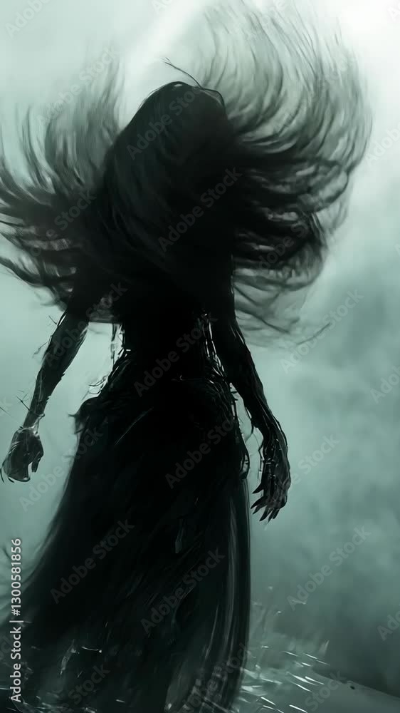 Mysterious figure cloaked in shadows with flowing hair stands in an ethereal foggy landscape at dusk Mysterious figure cloaked in shadows with flowing hair stands in an ethereal foggy landscape at dusk