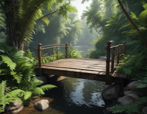 Exotic fronds and leaves surround a wooden bridge over a river,  river,  natural, exotic