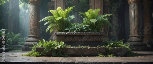 Exotic leafy greens on a mysterious stone altar,  mystery,  ancient,  greenery